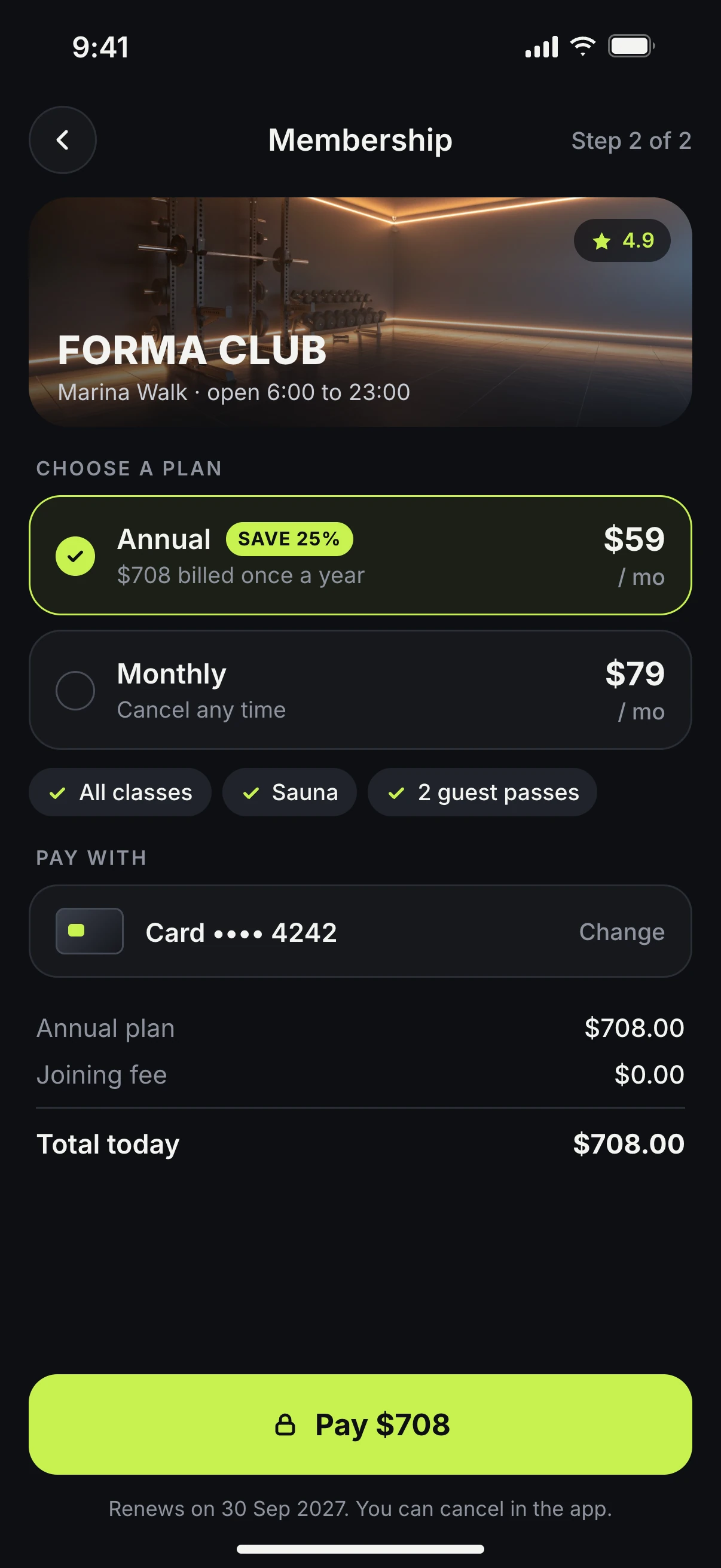 Example: paying for a gym membership on a phone, then the member pass. Interface concept