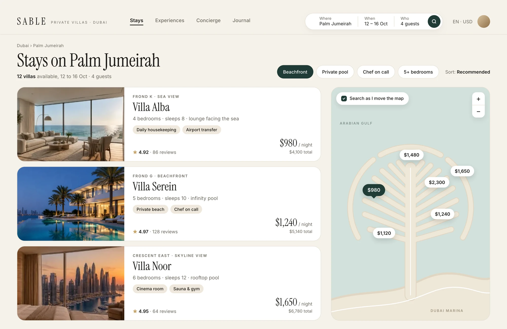 Example: a villa booking web app on a laptop, interface concept