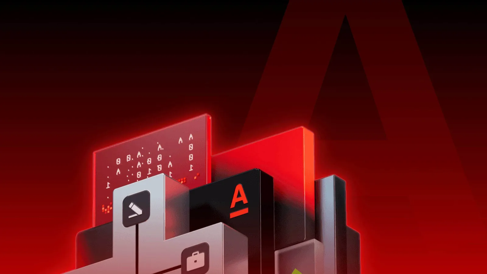Red and steel 3D blocks around the Alfa-Bank letter A