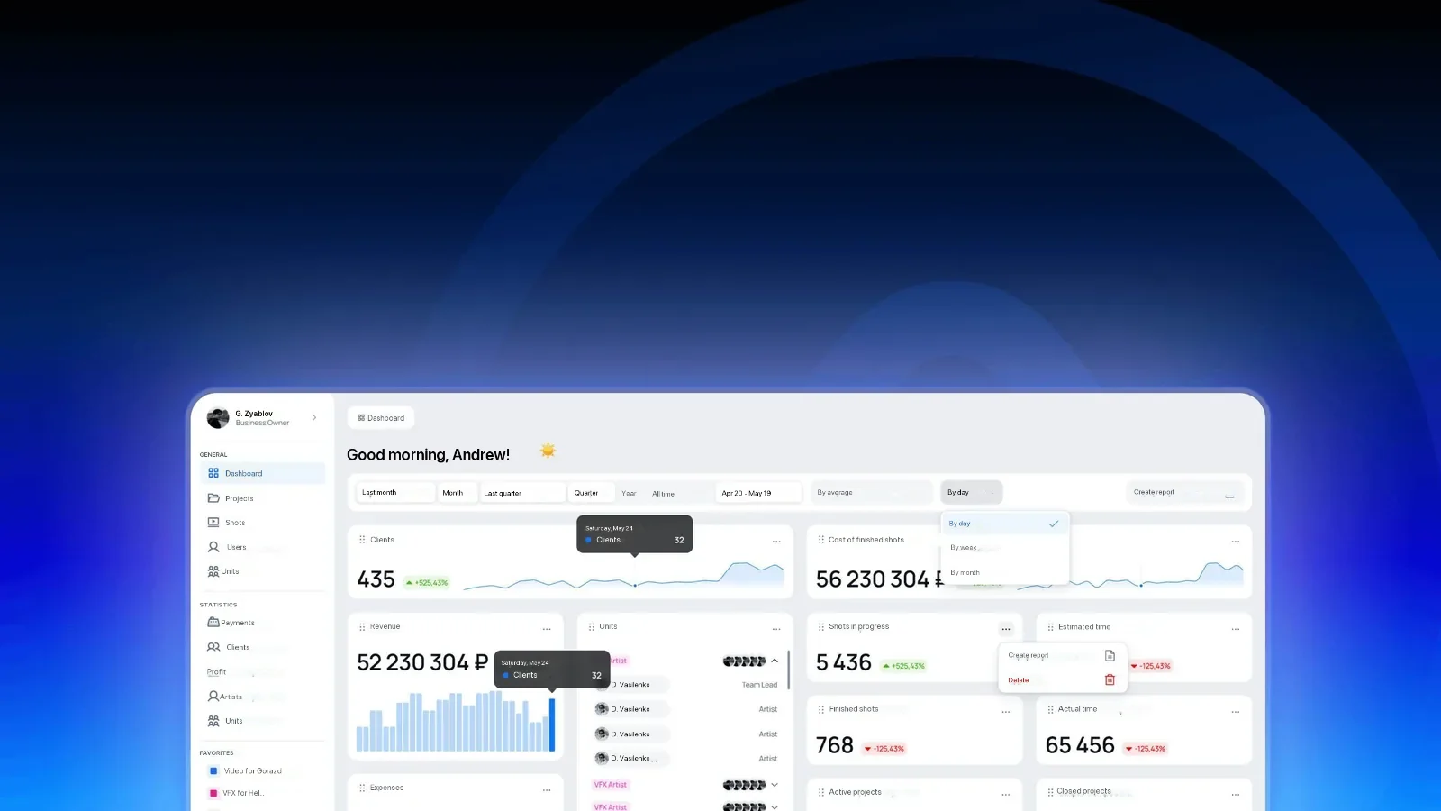 The MatchMove CRM dashboard with client, revenue and production widgets