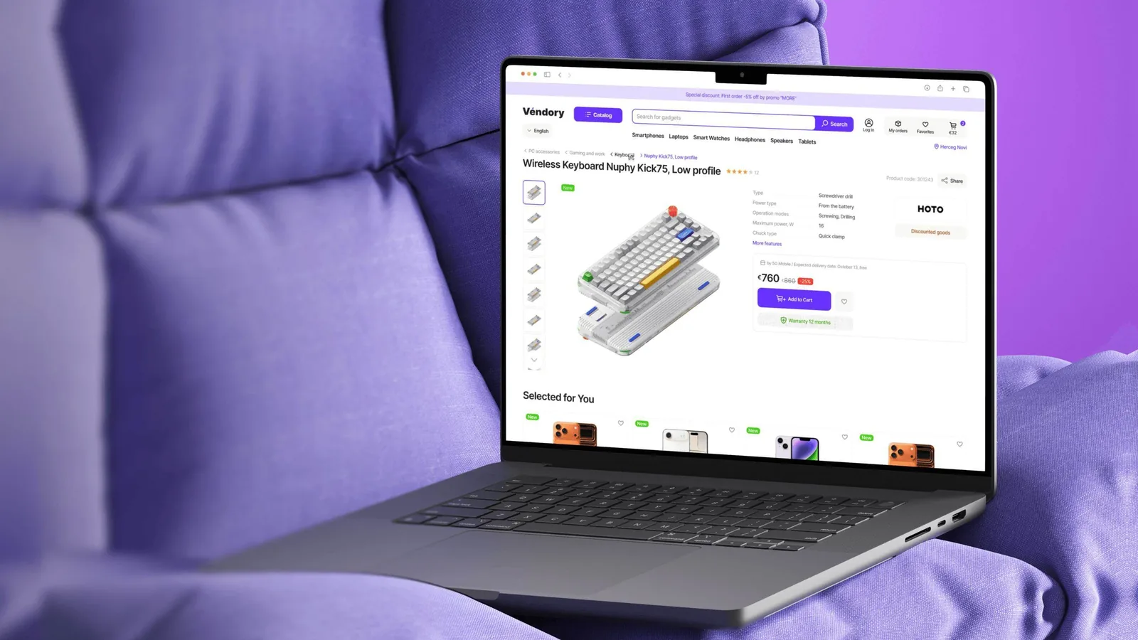 A Vendory product page for a wireless keyboard on a laptop resting on violet cushions